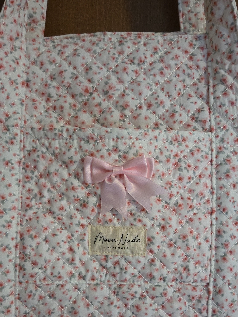 Moon Nude Quilted Floral Tote with Pink Satin Bow